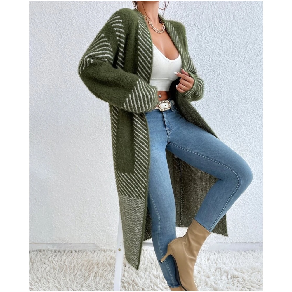 Cozy Color Block Stripes Fuzzy Open Front Cardigan - Picture 8 of 12